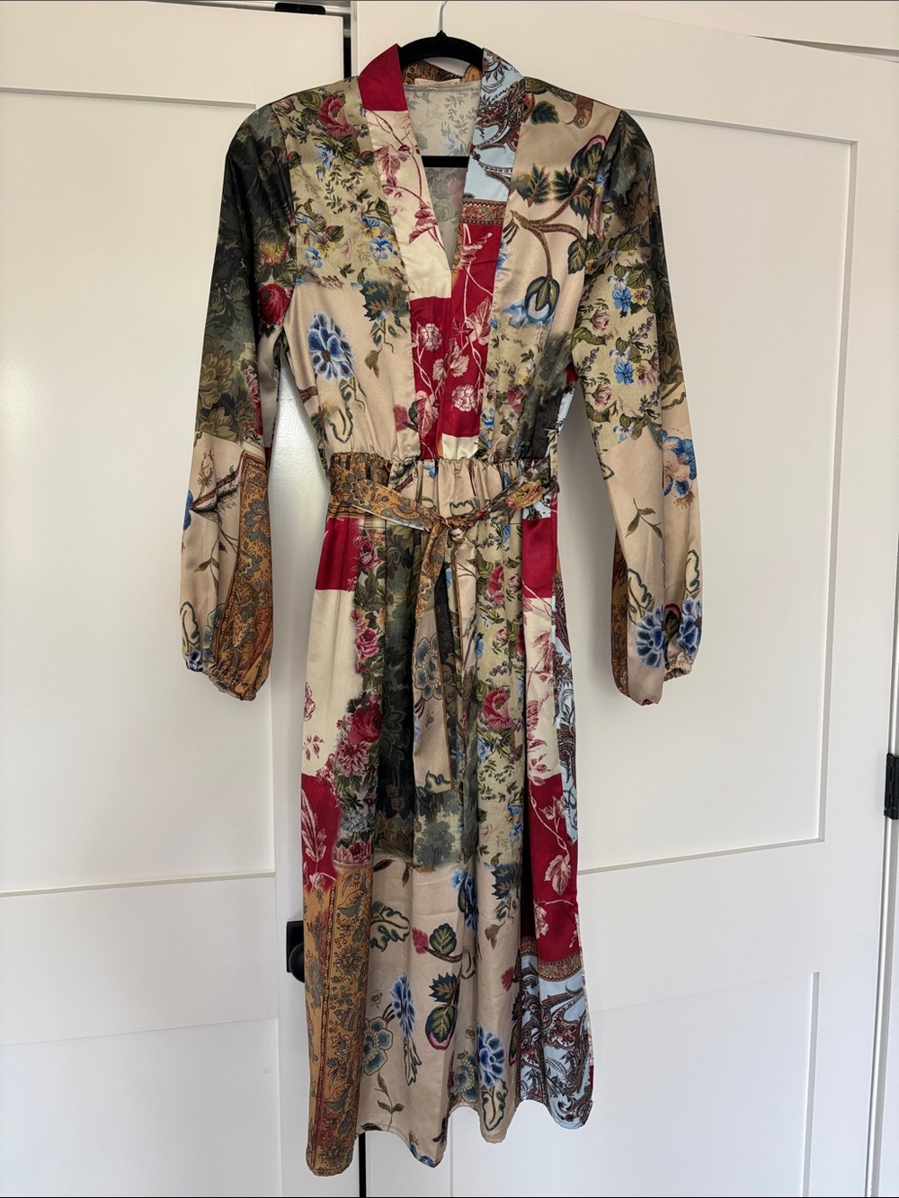 Sunday Floral Patchwork Midi Dress in Beige and Red